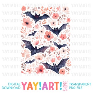 Bats & Flowers Transparent PNG Clipart, Pretty Girly Halloween Sublimation Design, Boho Bats DTF Heat Transfer Digital Download