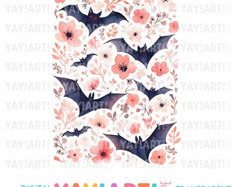 Bats & Flowers Transparent PNG Clipart, Pretty Girly Halloween Sublimation Design, Boho Bats DTF Heat Transfer Digital Download