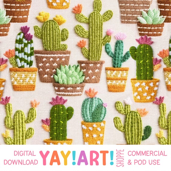 Embroidered Cacti Seamless Pattern, Faux Embroidery Thread Painting,  Stitched Cactus Houseplant Digital Download