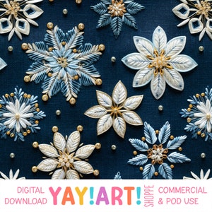 Modèle sans couture brodé de flocons de neige, peinture de fil de neige de Noël de fausse broderie, téléchargement numérique de modèle de répétition de vacances d&#39;hiver