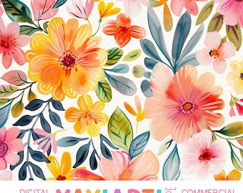 Sunny Day Floral Seamless Pattern, Bright Summery Flower Pattern, Watercolor Flowers Digital Download