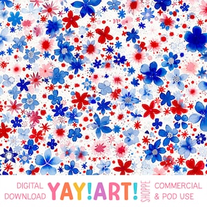 Rot, Weiß und Blau Floral Burst Musterdesign, 4. Juli Blumen Rapportmuster, Vaterländische Blumen Digitaler Download