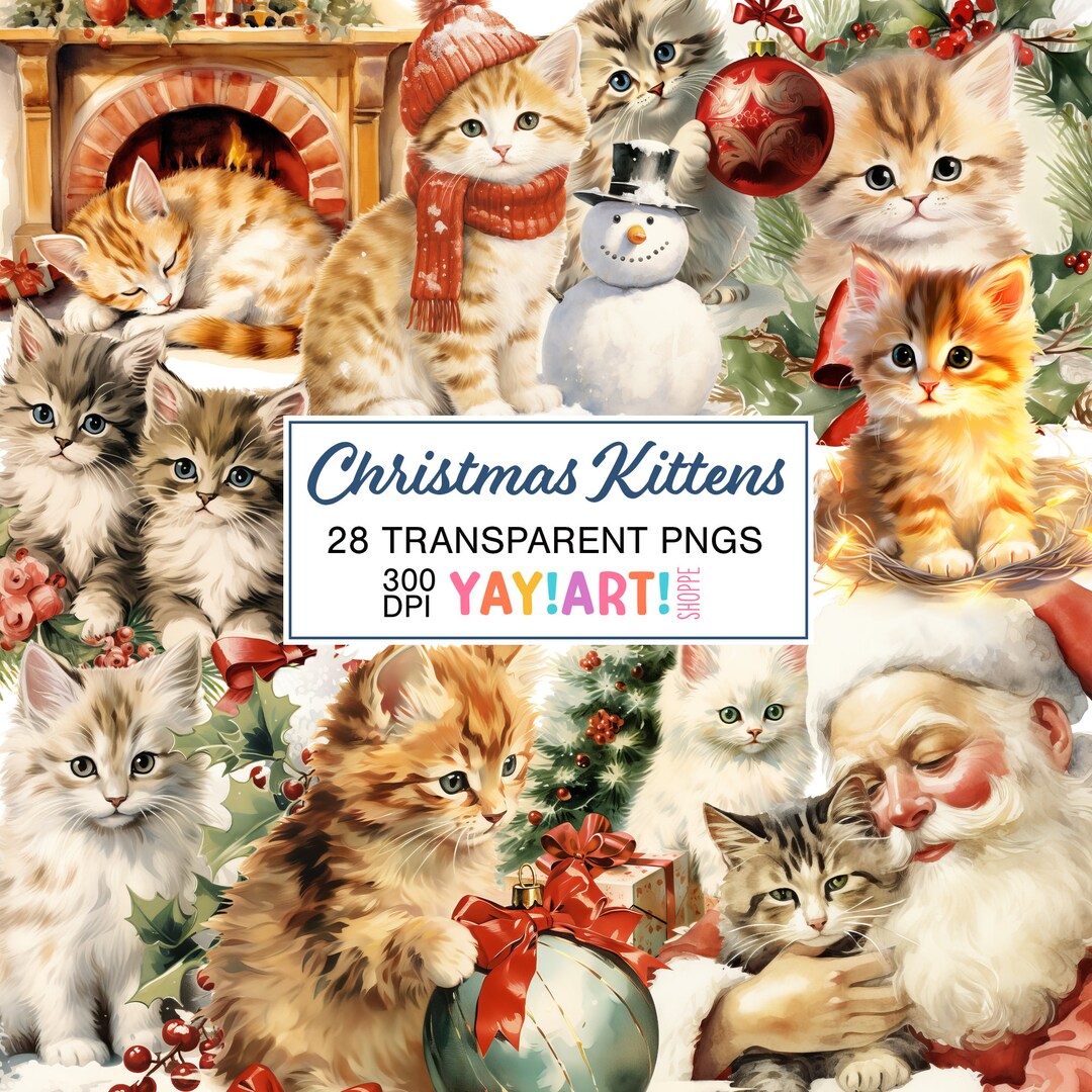 Christmas Kittens Watercolor Clipart Bundle Set, Cute Cat Holiday ...