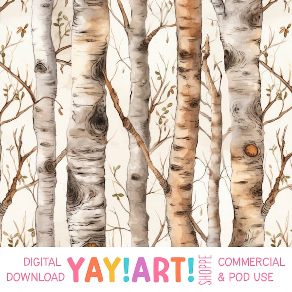 Aquarelle forêt de bouleaux sans couture motif répétitif, tronc d'arbre écorce peinture motif répété, les amoureux de la nature téléchargement numérique