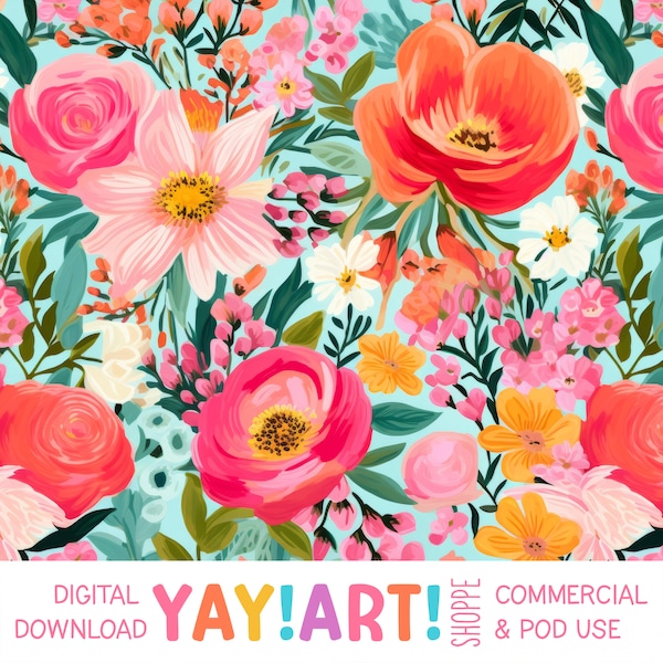 Cheerful Garden Seamless Pattern, Aqua and Pink, Bold Expressive Painted Brush Strokes, Spring Flowers Digital Download