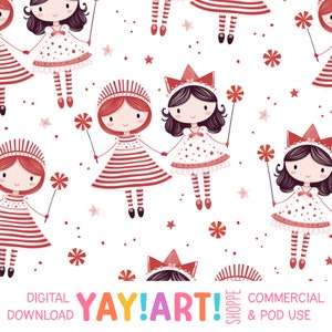 Peppermint Princesses Seamless Pattern, Kids Fantasy Watercolor Christmas Pattern, Cute Holiday Girls Digital Download