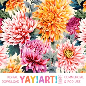 Bellissimo modello senza cuciture Dahlia, disegno floreale ripetuto, download digitale di fiori arancioni rosa autunnali
