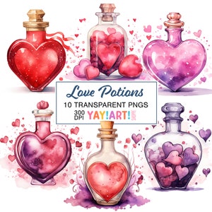 Love Potion Clipart Bundle Set, Valentines Magic Bottle Illustrations, Heart Potion Illustrations PNGs Digital Download