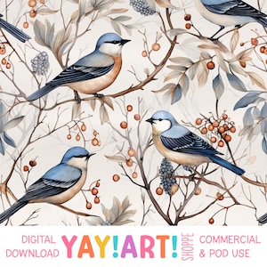 Winter Vögel Musterdesign, Aquarell Blau Vögel Zweige und Beeren Rapportmuster, Weihnachten Urlaub Natur Digitaler Download