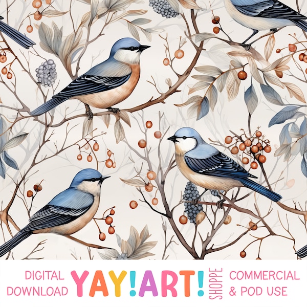 Winter Birds Seamless Pattern, Watercolor Blue Birds Branches and Berries Repeat Pattern, Christmas Holiday Nature Digital Download