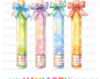Pastel Pencils with Bows Transparent PNG Clipart, Cute Back to School Sublimation Design, DTF Heat Transfer Digital Download