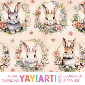 Bunny Wreath Seamless Pattern, Cute Spring Bunny Floral Pattern, Watercolor Easter Digital Download