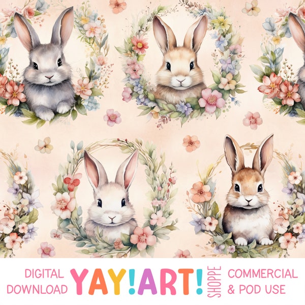 Bunny Wreath Seamless Pattern, Cute Spring Bunny Floral Pattern, Watercolor Easter Digital Download