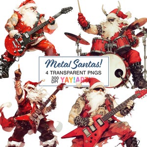 Ensemble de 4 cliparts PNG Transparent père Noël en métal, sublimation de Noël en métal lourd, téléchargement de transfert de chaleur DTF pour les vacances rock & roll