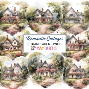 Conjunto de pacotes de clipart de casas românticas, ilustrações em aquarela de casas em formato de coração, lindas cabanas para namorados PNGs download digital