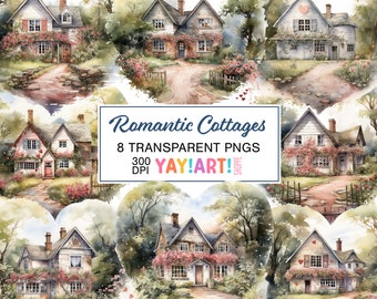 Romantic Cottages Clipart Bundle Set, Heart Shaped Cottages Watercolor Illustrations, Cute Valentines Cabins PNGs Digital Download