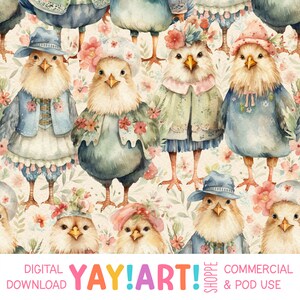 Può includere: Uno schema senza cuciture con illustrazioni ad acquerello di simpatici pulcini che indossano cappelli e accenti floreali. Lo sfondo è beige chiaro con un motivo floreale. Il testo "YAY!ART! SHOPPE" è nella parte inferiore dell'immagine.