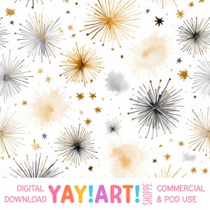 Fireworks on White Seamless Pattern, Watercolor Firework Bursts, New Years Gold and Silver Digital Download
