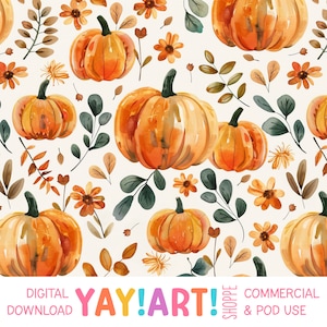 May include: A seamless pattern featuring watercolour illustrations of pumpkins, leaves, and flowers in shades of orange, yellow, and green. The background is white.