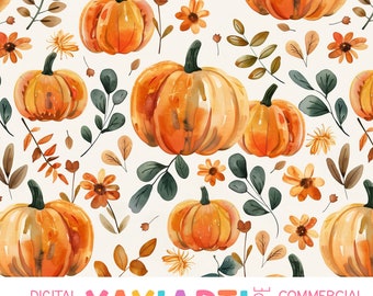 Cottagecore Pumpkins Seamless Pattern, Cute Autumn Pumpkin Leaves Flowers Repeat Patten, Boho Girly Fall Download