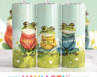 May include: Three 20 oz stainless steel tumblers with a green background and a design of three frogs wearing sweaters. The frogs are wearing red, yellow, and blue sweaters. The tumblers are 9.3 inches by 8.2 inches and 300 DPI.