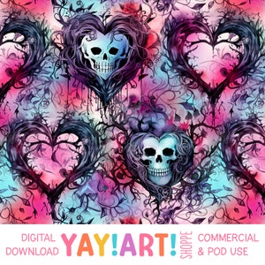 Gothic Hearts Seamless Pattern, Creepy Skull Heart Love Pattern, Spooky Valentines Digital Download
