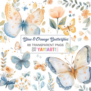 Ensemble de cliparts fleurs papillons bleus et orange, illustrations florales de papillons fantaisistes, belle nature à télécharger