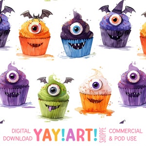 May include: A set of six Halloween-themed cupcakes with monster faces. Each cupcake has a single large eye, a different colored frosting, and sprinkles. The cupcakes are decorated with bat wings, a witch's hat, and a tongue.