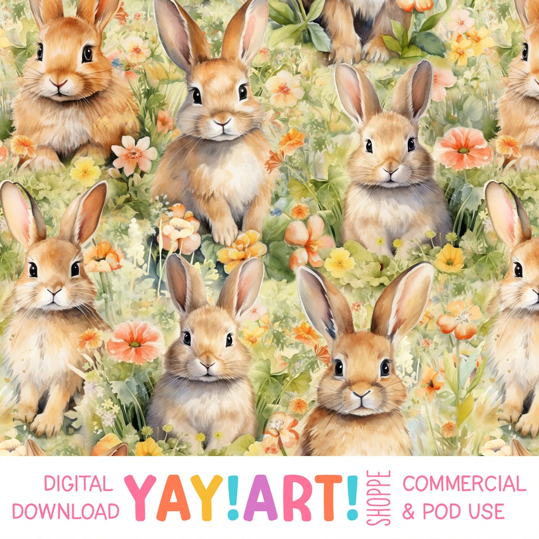 Bunny Garden Seamless Pattern, Cute Spring Rabbits Floral Pattern ...