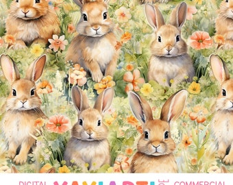 Bunny Garden Seamless Pattern, Cute Spring Rabbits Floral Pattern, Watercolor Easter Digital Download