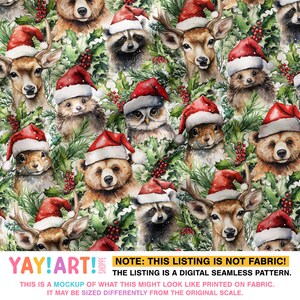 May include: A seamless digital pattern featuring watercolour illustrations of various woodland animals wearing Santa hats. The animals include a deer, raccoon, owl, bear, hedgehog, and squirrel. The background is a green and white pattern of holly leaves and berries.