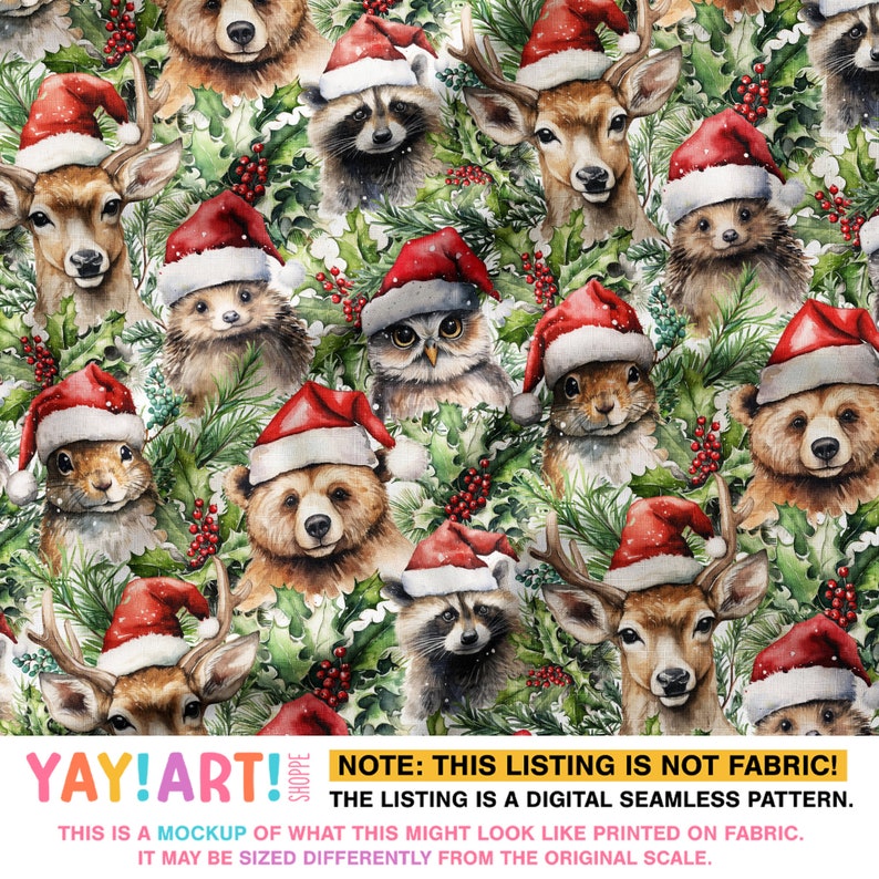 May include: A seamless digital pattern featuring watercolour illustrations of various woodland animals wearing Santa hats. The animals include a deer, raccoon, owl, bear, hedgehog, and squirrel. The background is a green and white pattern of holly leaves and berries.