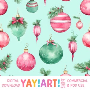 Pink and Green Watercolor Christmas Ornaments Seamless Pattern, Whimsical Vintage Holiday Baubles Digital Download