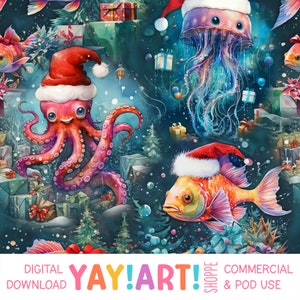 May include: A seamless pattern featuring a festive underwater Christmas scene with a red octopus wearing a Santa hat, a goldfish wearing a Santa hat, and a jellyfish wearing a Santa hat. The background is a dark blue with snowflakes and presents.