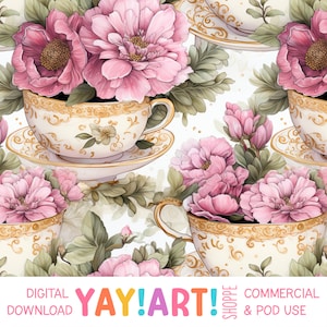 Teacups and Pink Flowers Seamless Pattern, Beautiful Ornate Tea Design, Afternoon Tea Digital Download