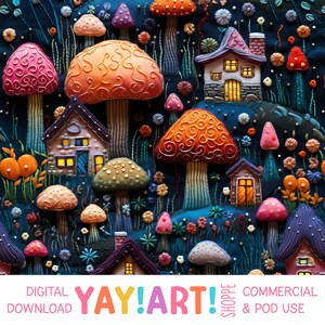 Padrão sem emenda de casas de cogumelo bordadas, pintura de linha de bordado falso, download digital de cogumelo fofo