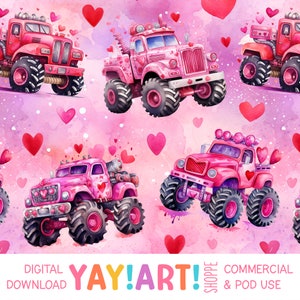 Valentinsgruß-Monstertrucks-nahtlose Muster, rosa LKW-Herz-Liebes-Muster, Junge Valentinsgrüße digitaler Download