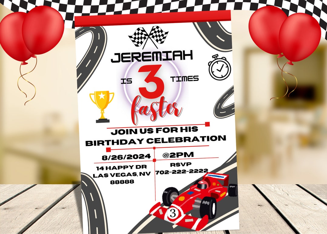 3 Years Old Invitation, Race Car Invitation, Theme Invitation, Red and ...