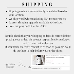 May include: Image with the word "SHIPPING" at the top. Text includes shipping details, such as worldwide shipping (excluding EEA member states) and free shipping on U.S. orders over $35. A wine bottle label is shown with the number 50.
