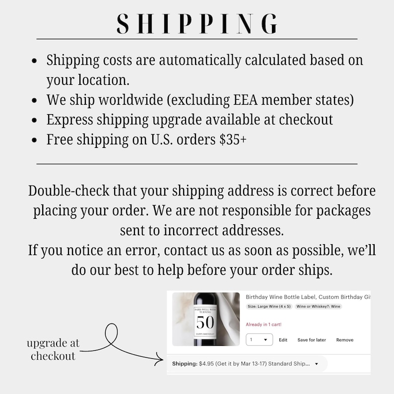 May include: Image with the word "SHIPPING" at the top. Text includes shipping details, such as worldwide shipping (excluding EEA member states) and free shipping on U.S. orders over $35. A wine bottle label is shown with the number 50.