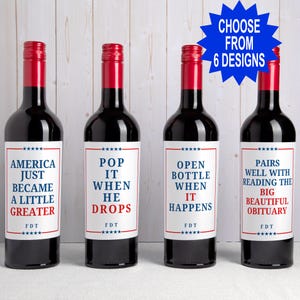 Juego de etiquetas personalizadas para vino anti-Trump, regalo político divertido para demócratas y liberales, botella de champán FDT sutil, sátira "Ábrelo cuando suceda" imagen 1