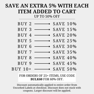 May include: A promotional graphic with black text on a light gray background detailing a tiered discount structure. It states: SAVE AN EXTRA 5% WITH EACH ITEM ADDED TO CART UP TO 50% OFF, followed by a list from BUY 2 SAVE 10% to BUY 10+ SAVE 50%.