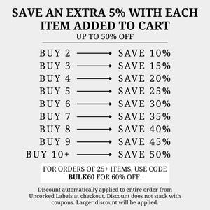 May include: A white graphic with black text detailing a discount structure. The text reads "Save an extra 5% with each item added to cart" and lists discounts up to 50% off. Additional text provides a bulk discount code for orders of 25+ items.