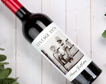 Custom Photo Birthday Wine Label, Vintage Birth Year Gift for Mom, Personalized Childhood Photo Champagne, Funny Retro Birthday Gift for Dad
