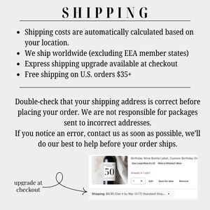 May include: Image with the word "SHIPPING" at the top. Text includes shipping details, such as worldwide shipping (excluding EEA member states) and free shipping on U.S. orders over $35. A wine bottle label is shown with the number 50.