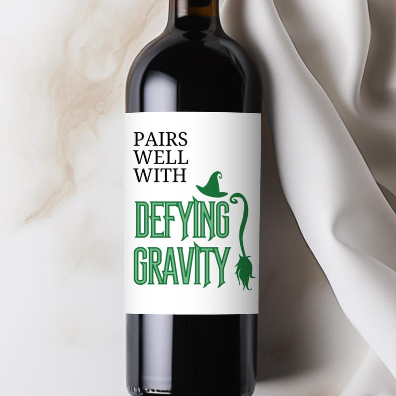 Étiquette de vin personnalisée Broadway, cadeau pour amateur de théâtre musical, sticker bouteille de champagne personnalisé, EVJF, cadeau méchant rigolo Defying Gravity