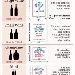 Puede incluir: Un gr&aacute;fico que muestra cuatro etiquetas rectangulares para botellas con texto en azul y rojo. Las etiquetas incluyen: OPEN BOTTLE WHEN IT HAPPENS (12,7cm x 10,2cm), PAIRS WELL WITH THE END OF AN ERROR (10,2cm x 8,9cm), PAIRS WELL WITH READING THE BIG BEAUTIFUL OBITUARY (8,9cm x 10,2cm) y AMERICA JUST BECAME A LITTLE GREATER (5,1cm x 7,6cm).