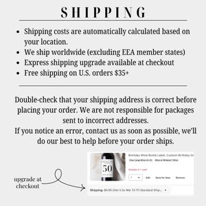 May include: Image with the word "SHIPPING" at the top. Text includes shipping details, such as worldwide shipping (excluding EEA member states) and free shipping on U.S. orders over $35. A wine bottle label is shown with the number "50".