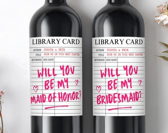 Library Card Bridesmaid Proposal Wine Label, Book Themed Wedding, Bridal Shower Party Shooter Labels, Personalized Maid of Honor Gift Box