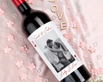 Lucky In Love Wine Label, Custom Wedding Photo Present for Couples, Valentines Day Gift, Bridal Shower, Las Vegas Bachelorette Party Favor